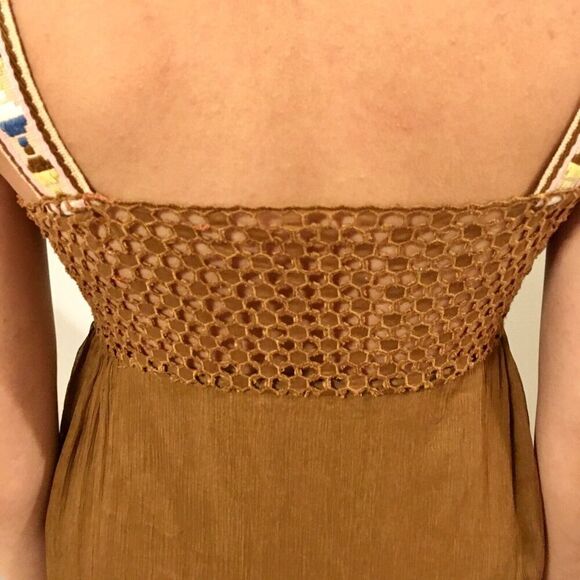 CATHERINE MALANDRINO Brown Silk Embroidered Trim Macrame Pleats Sundress Small 4 - Picture 5 of 6